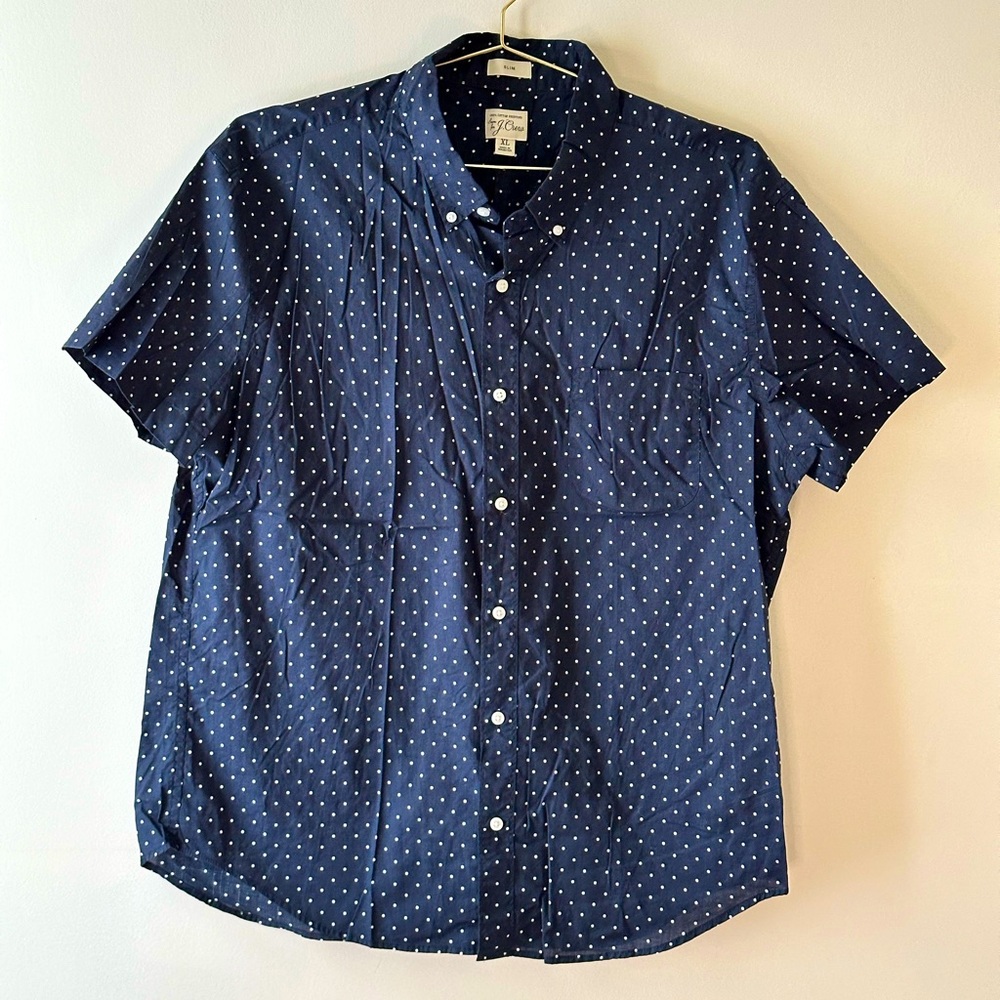 Extra Large Slim J Crew Polka Dot Shrt Slv Shirt in Navy